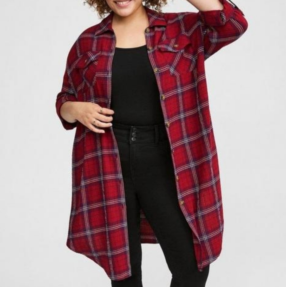 🆕️🍂🍁 1X RED PLAID FLANNEL GAUZE OVERSIZED SHACKET🍁🍂